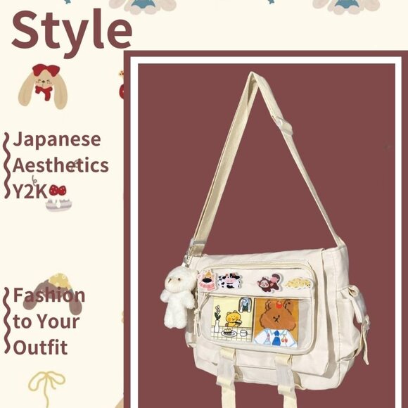 Kawaii White Japanese Ita Bag Messenger Crossbody with Pins for Women & Men - Picture 2 of 8
